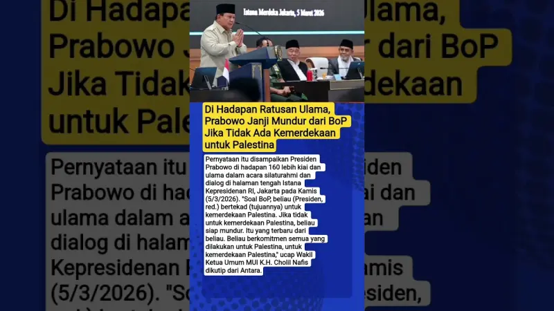Presiden Prabowo Janji Mundur dari Dewan Perdamaian Jika Palestina Tak Merdeka